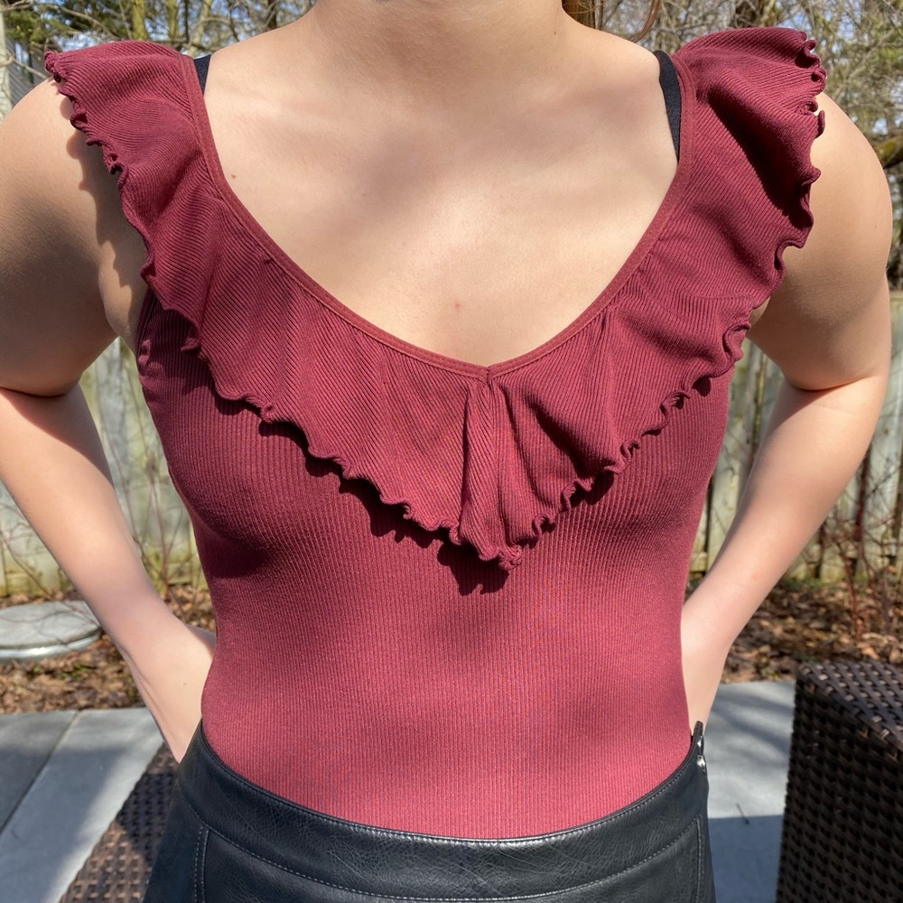 Burgundy Ruffle Aritzia Bodysuit